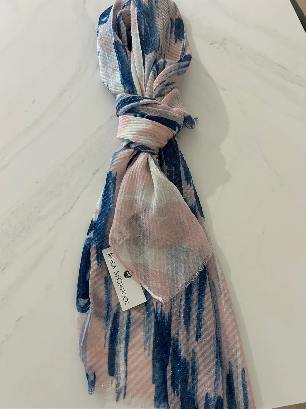 Jessica McClintock Pink and Navy Abstract Print Pleated Scarf